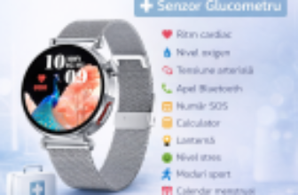 SmartWatch cu Senzor Glucometru, BIA, Ritm Cardiac, Nivel Oxigen, Tensiune Arteriala, EKG, Temperatura Corporala, Apel Bluetooth, SOS, Calculator, Ciclu Menstrual S880 – Watch24.ro