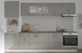 Set Bucatarie Karo V27, Gri Lucios/Alb, MDF, Blat Thermo 28 mm, L 300 cm