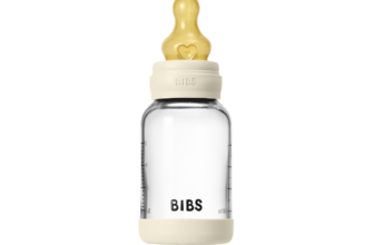 Set complet biberon din sticla BIBS anticolici cu tetina din latex, flux lent, 120 ml, Ivory