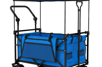 Outsunny Cărucior de grădină pliabil cu roți mari blocabile bară reglabilă suport pentru pahare pentru camping 125x59x133 cm Albastru | Aosom Romania