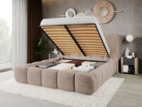 Pat Tapitat Noel tip bubble cu somiera rabatabila si lada de depozitare Bej – Rolf 2 140×200