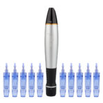 Aparat masaj facial, Dermapen, 10 capete rezerva cu 12 ace din titan, Dr.Pen Ultima A1-C, Pentru regenerarea pielii, Negru/Gri