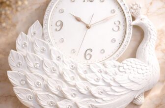 Ceas de perete decorativ cu paun – design elegant – 44 x 39 cm