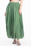 Fusta lunga, ampla, clos, din bumbac creponat, verde kaki deschis