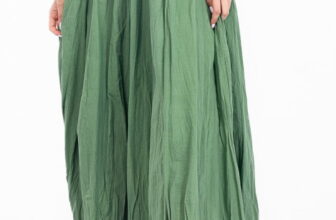 Fusta lunga, ampla, clos, din bumbac creponat, verde kaki deschis