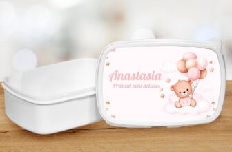 Lunch box personalizat cu ursulet si nume de fata