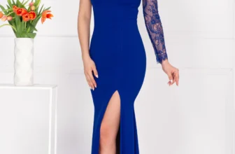 Rochie de seara albastra eleganta Jessie cu maneca din dantela