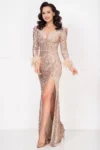 Rochie de seara tip sirena bej Serafina cu paiete si fulgi