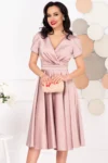 Rochie midi roz in clos Filipina cu maneci scurte tip lalea