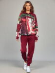 Trening dama din catifea cu hanorac imprimat si pantaloni jogger , bordo