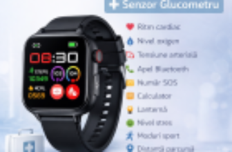 SmartWatch cu Senzor Glucometru, BIA, EKG, Ritm Cardiac, Nivel Oxigen, Tensiune Arteriala, Temperatura Corporala, Acid Uric, Calculator S859 – Watch24.ro