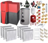 Pachet Centrala mixta Lemn/Pelet Fornello Tera 28 kW, boiler de sol, calorifere aluminiu, termostat, aspirator, pompa, vas expansiune, fitinguri, aprindere automanta la peleti, buncar peleti 95 kg, creuzet fonta, pentru 180 mp