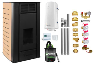 Pachet Termosemineu peleti Fornello SERENA W25, 25 kw, culoare Ivory, complet echipat, pompa circulatie, vas expansiune, automatizare, kit evacuare 3.5 ml, Boiler Termoelectric Fornello 100 l, Termostat, Aspirator