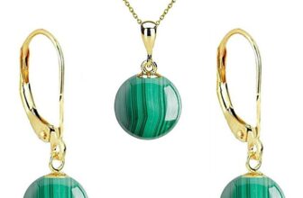 Set Aur 14 karate, Colier cu Pandantiv si Cercei cu Tortita Inchisa cu Pietre Semipretioase Naturale de Malachit de 10 mm