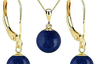 Set Aur 14 karate, Colier cu Pandantiv si Cercei cu Tortita Inchisa cu Pietre Semipretioase Naturale de Lapis Lazuli de 8 mm