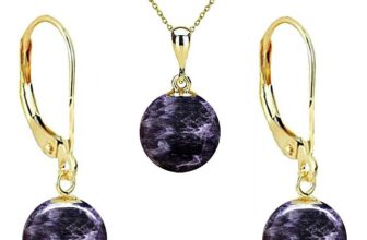 Set Aur 14 karate, Colier cu Pandantiv si Cercei cu Tortita Inchisa cu Pietre Semipretioase Naturale de Ametist de 10 mm