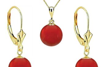Set Aur 14 karate, Colier cu Pandantiv si Cercei Model Lalea cu Pietre Semipretioase Naturale de Carneol de 10 mm