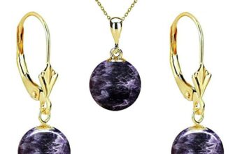 Set Aur 14 karate, Colier cu Pandantiv si Cercei Model Lalea cu Pietre Semipretioase Naturale de Ametist de 10 mm