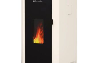 Termosemineu pe peleti Fornello CALORE COMPACT 35 kW, pompa electronica, vas expansiune, arzator inox, grup de siguranta, sistem de curatare MECANICA a creuzetului si drumurilor de fum, culoare alb