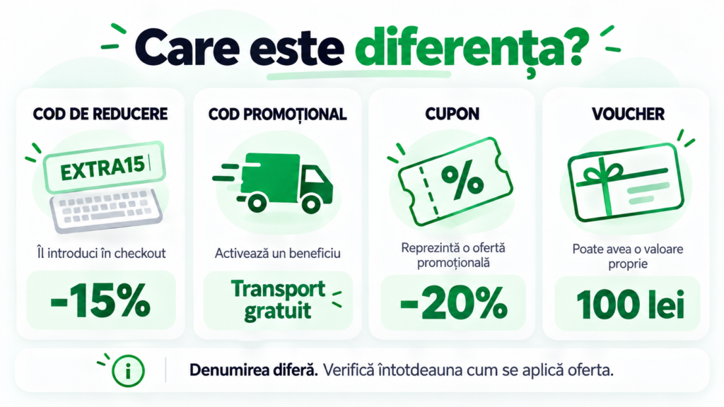 Comparație între cod de reducere, cod promoțional, cupon și voucher