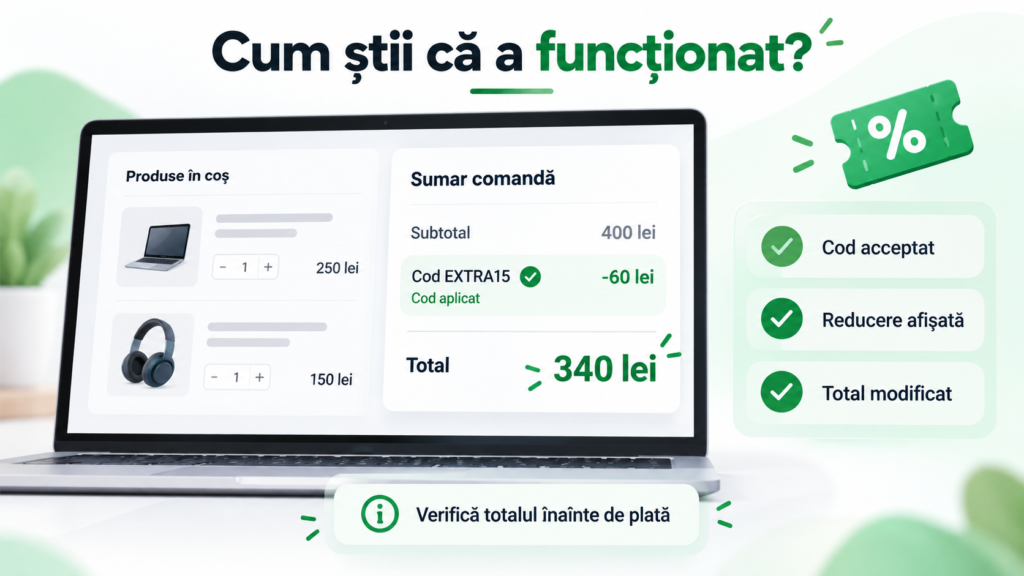 Exemplu de cod de reducere aplicat cu succes și totalul comenzii redus