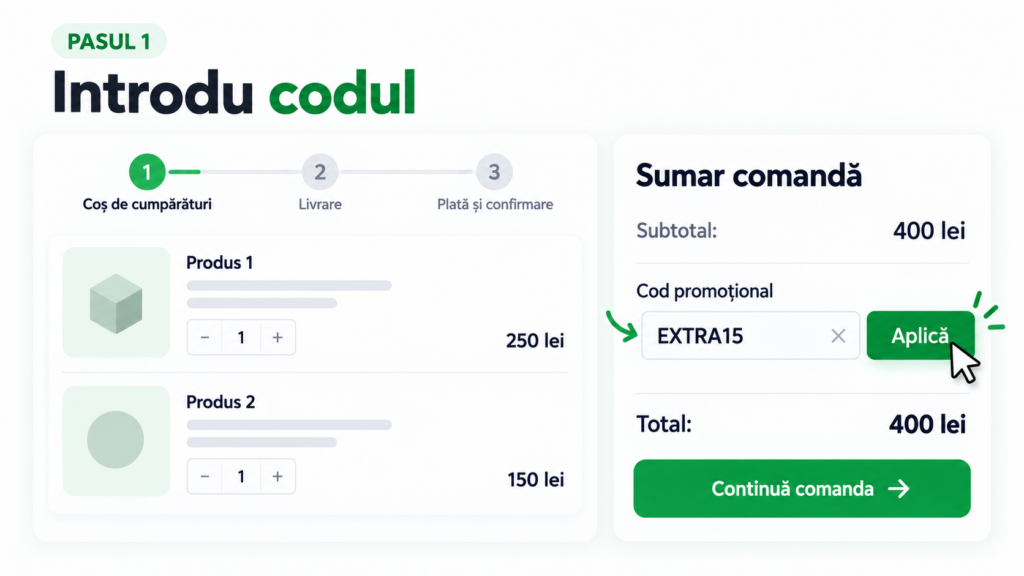 Exemplu de introducere a codului EXTRA15 în câmpul pentru cod promoțional