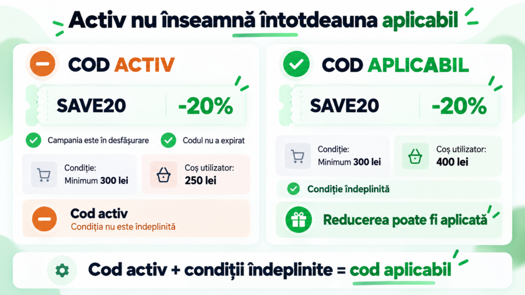Diferența dintre un cod de reducere activ și unul aplicabil comenzii