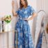 Rochie dama bleu Artemis cu imprimeu floral si cordon in talie